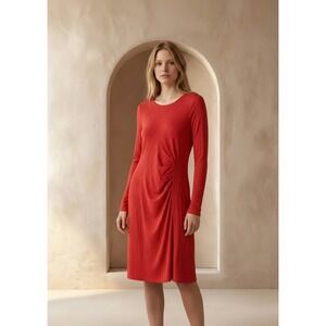 Gilli Red Ribbed Long Sleeve Ruched Minimalist Midi Dress  Medium